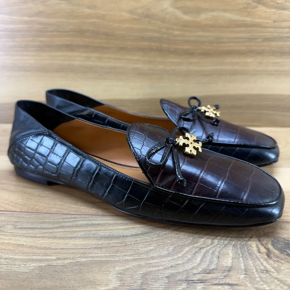 Tory Burch Charm Loafer 6 M Cocoa Croc Black Leather Bow Slip On Convertible